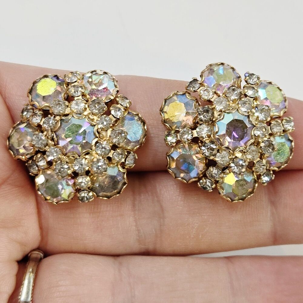Vintage Weiss N. Y. Large Sparkling AB Rhinestones Round Clip On Earrings Bling